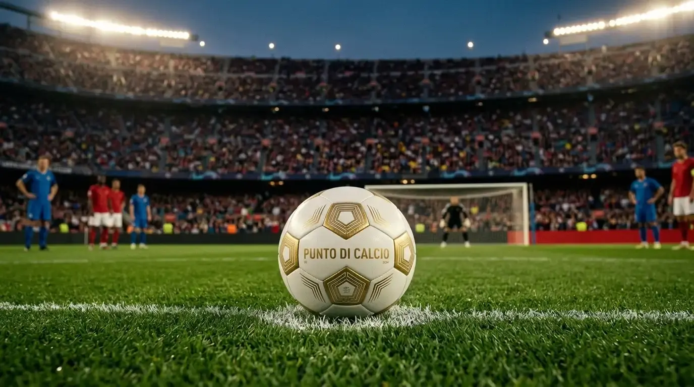 Il pallone della finale sul dischetto, luci dello stadio sullo sfondo