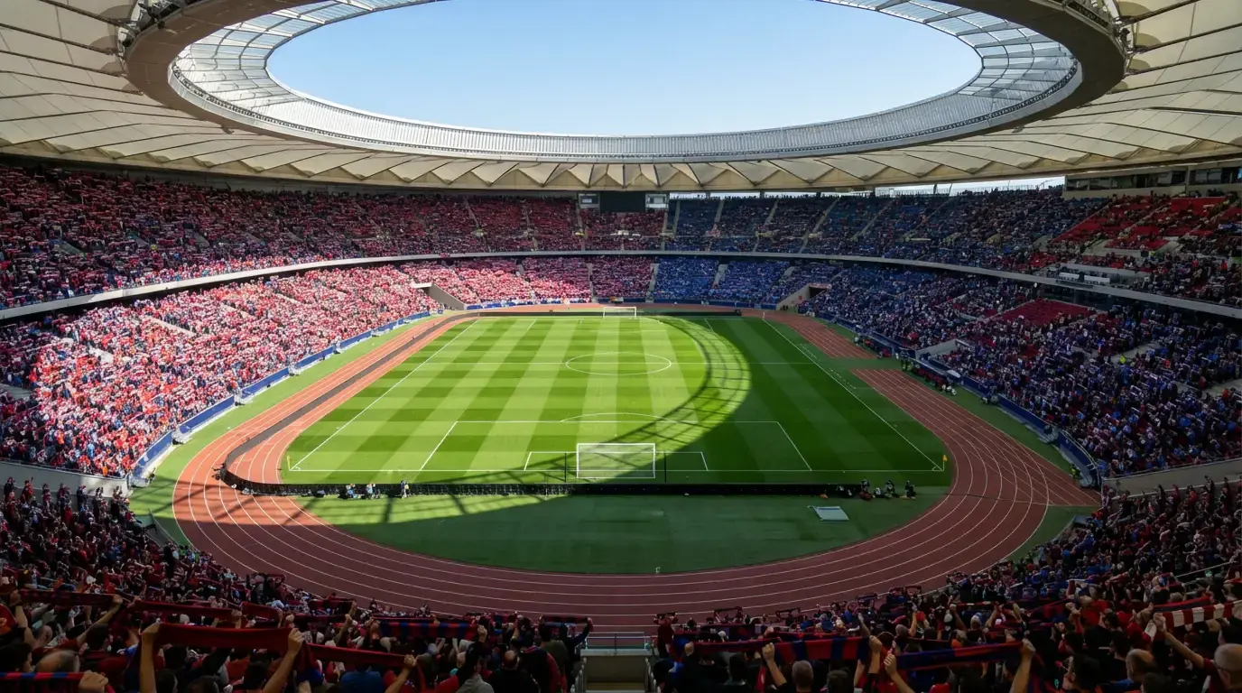 Veduta aerea di uno stadio moderno preparato per il Mondiale 2026 con campo in erba naturale e tribune gremite