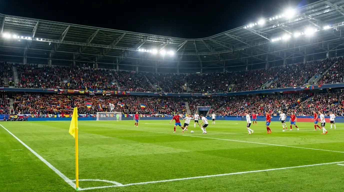 Calciatori in azione durante una partita internazionale con lo stadio illuminato di sera